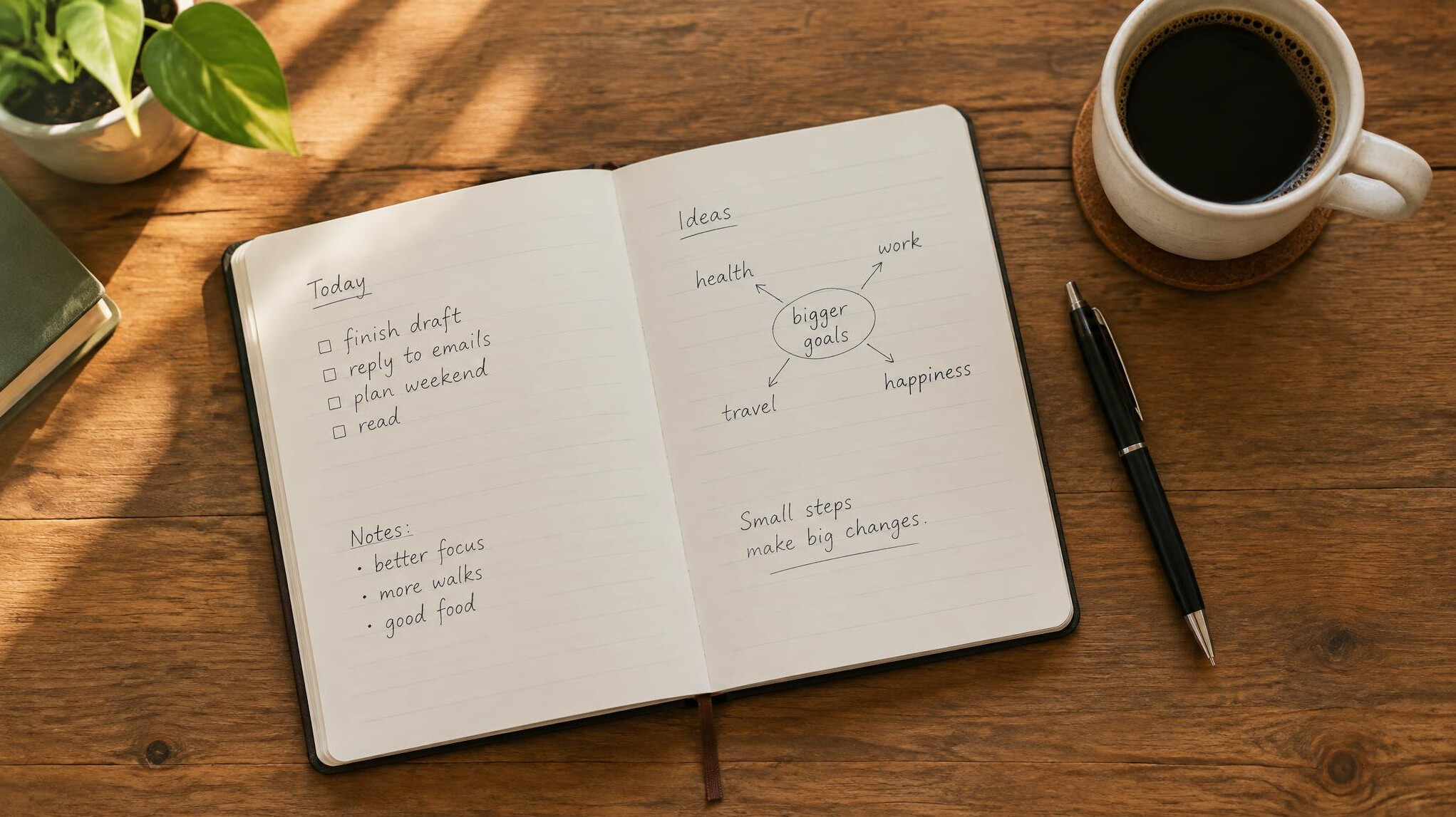 Notebook and pen on a wooden desk with coffee